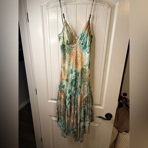 Ecco Mi Boho Teal Tan Paisley Beaded Strap Handkerchief Hem Dress M